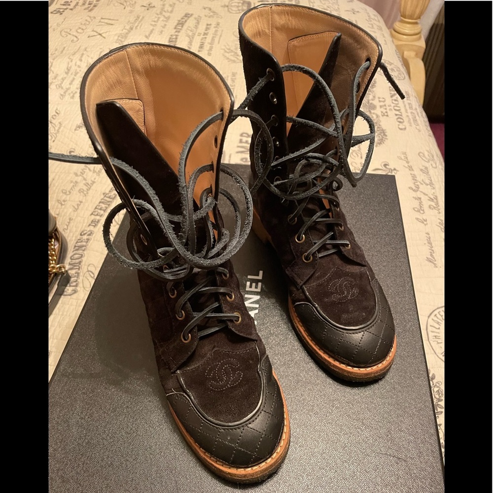 Chanel suede and leather combat boots 36 authentic